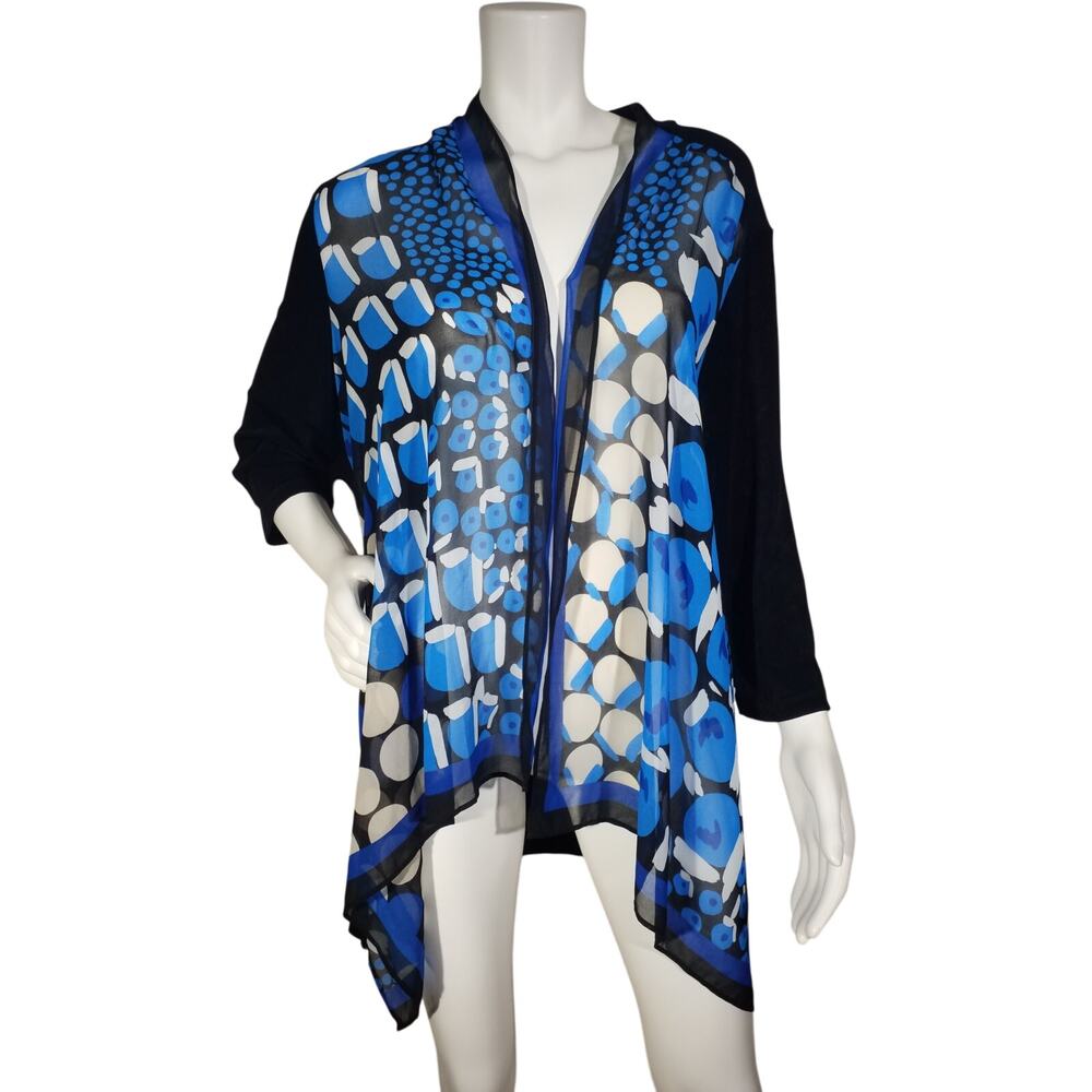 Chicos Womens Size 3/XL Open Front Top 3/4 Sleeve Blue Black Geometric Print